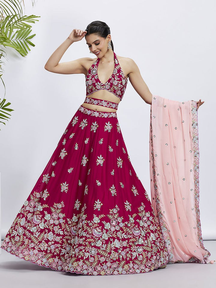 Rose - Multi Color Sequined & Thread Embroidered Pure Georgette Semi-Stitched Lehenga choli