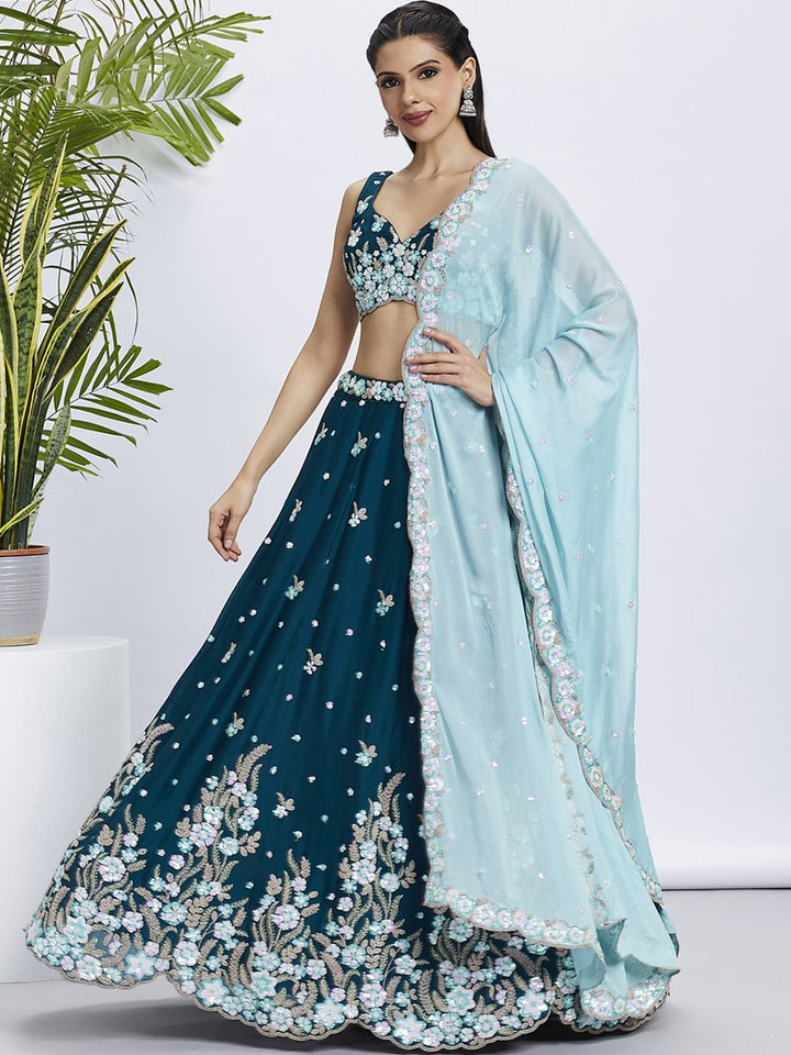 Teal - Pure Georgette Different Color Sequined,Thread,Coding Embroidered Semi-Stitched Lehenga choli