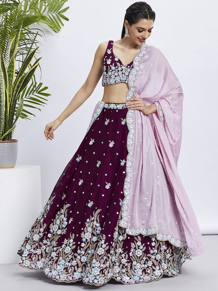 Burgundy - Pure Georgette Different Color Sequined,Thread,Coding Embroidered Semi-Stitched Lehenga choli