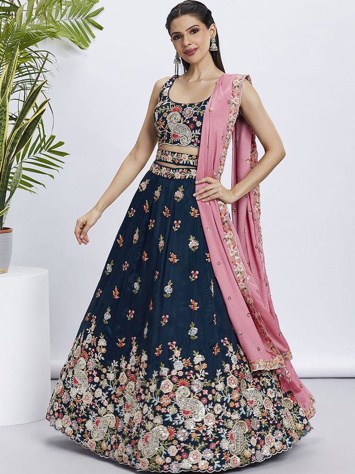 Navyblue - Golden Sequined & Multi-Color Thread Embroidered Organza Semi-Stitched Lehenga choli