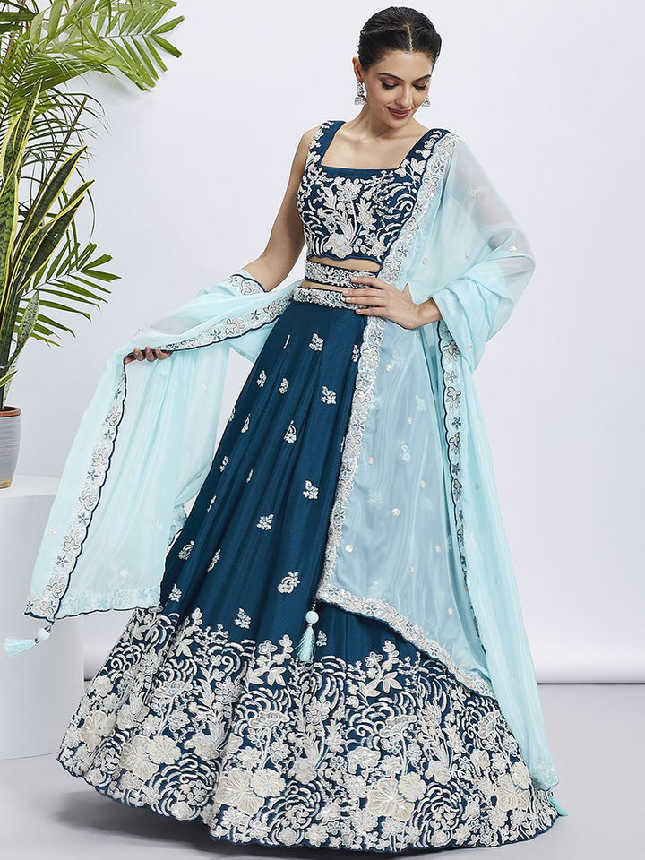 Teal - Pure Georgette White Sequin,White Thread Embroidered Semi-Stitched Lehenga choli