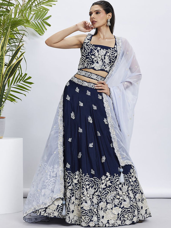 Navy Blue - Pure Georgette White Sequin,White Thread Embroidered Semi-Stitched Lehenga choli