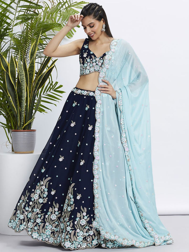 Navy Blue - Pure Georgette Different Color Sequined,Thread,Coding Embroidered Semi-Stitched Lehenga choli