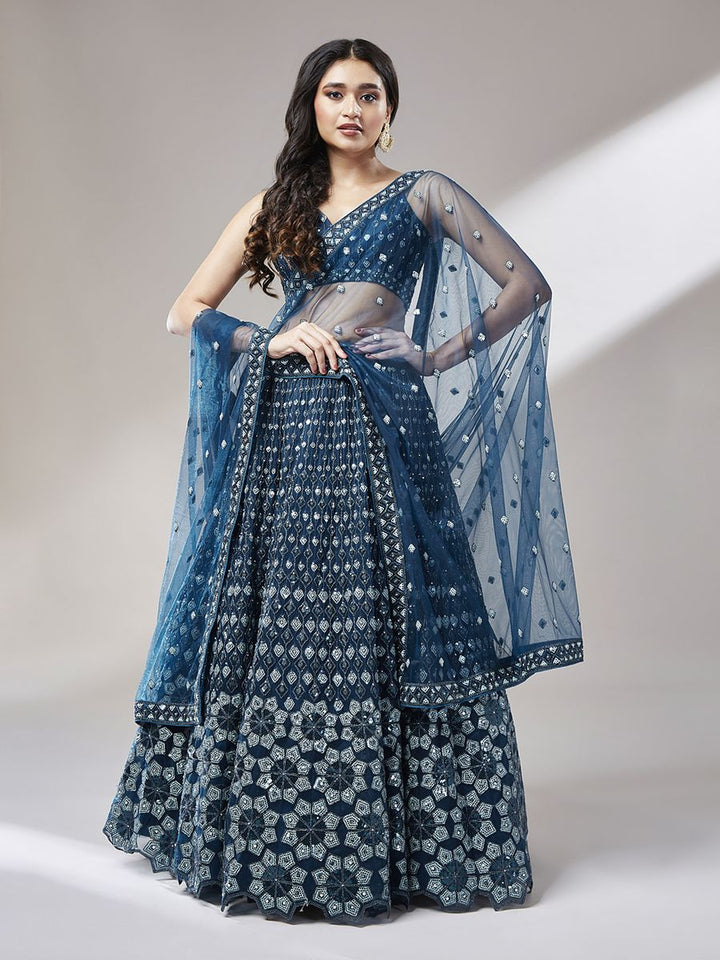 Navy Blue - Heavy Sequins Embroidered Net Semi-Stitched Lehenga choli