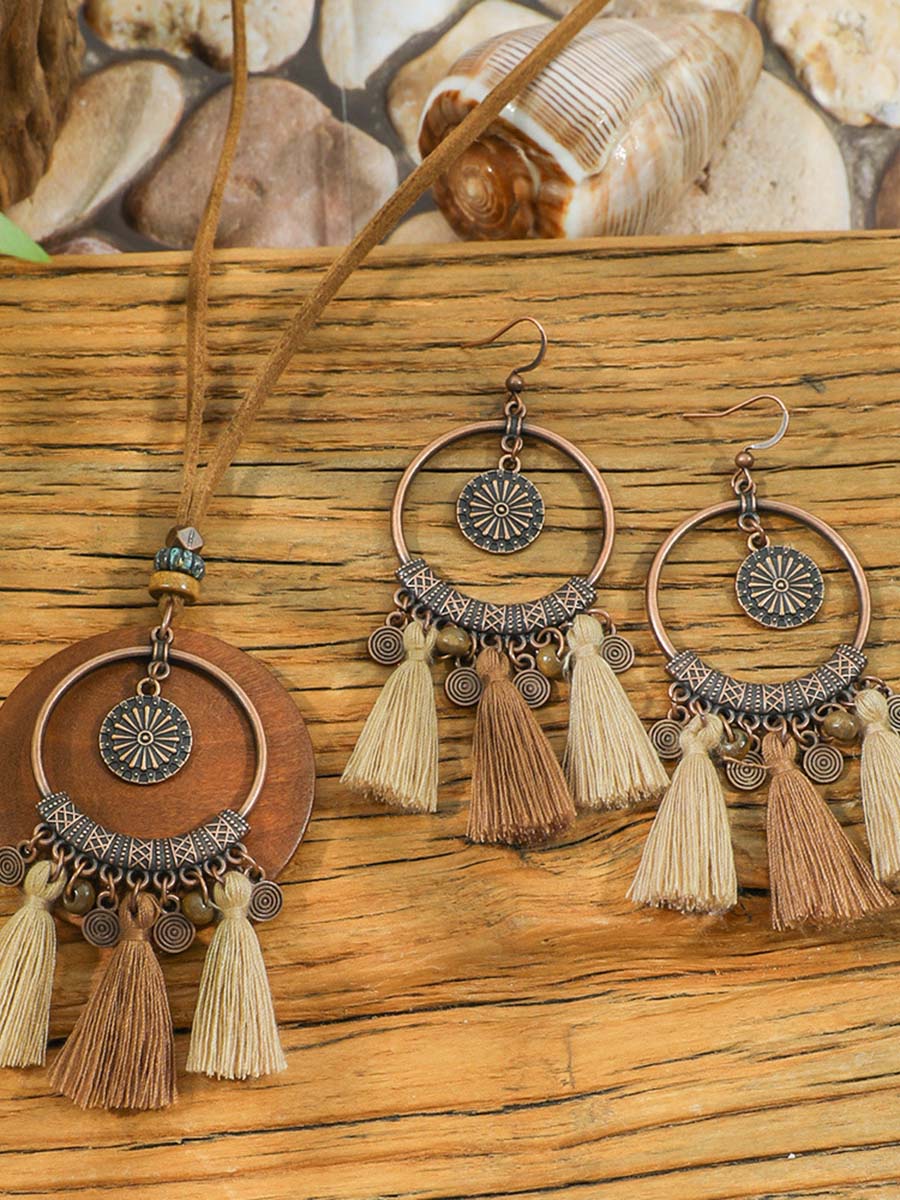Vintage Distressed Bohemian Tassel Necklace Earrings Set  - By Qivii
