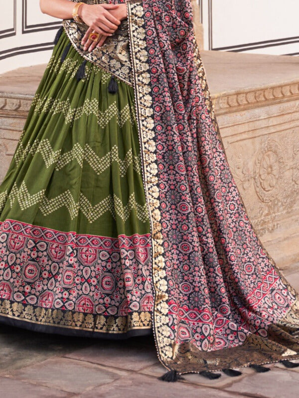 Tussar Silk Dot And Ajarakh With Foil Print Lehenga holi in Green Color