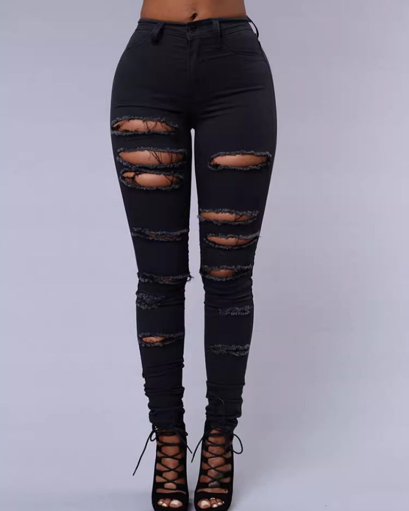 High-waist Stretch Ripped Skinny Jeans  - By Qivii