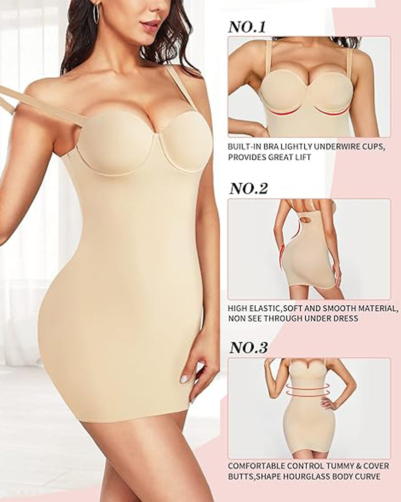Smooth Full Slip Strapless Tummy Control Bodycon Shapewear Dresses With Built In Bra  - By Qivii