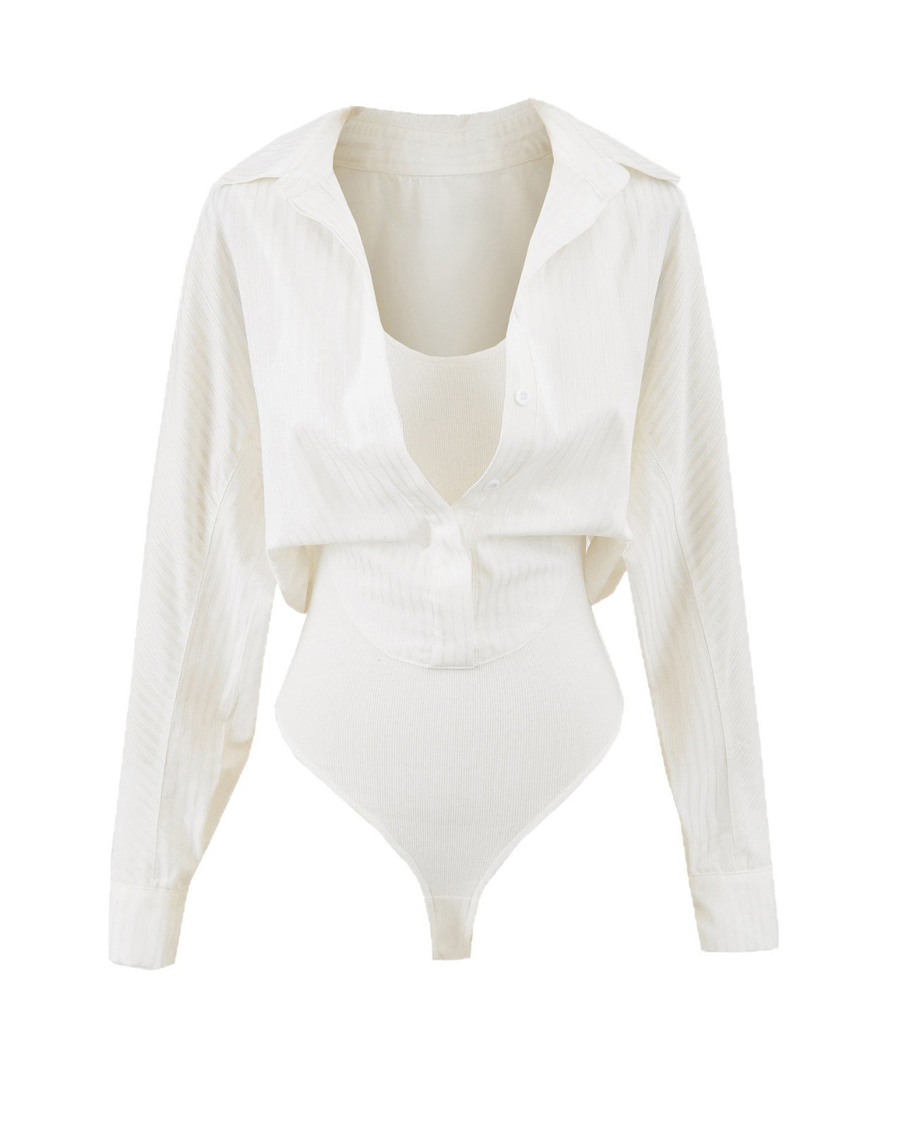 Solid Casual Button Up Shirt Bodysuit  - By Qivii