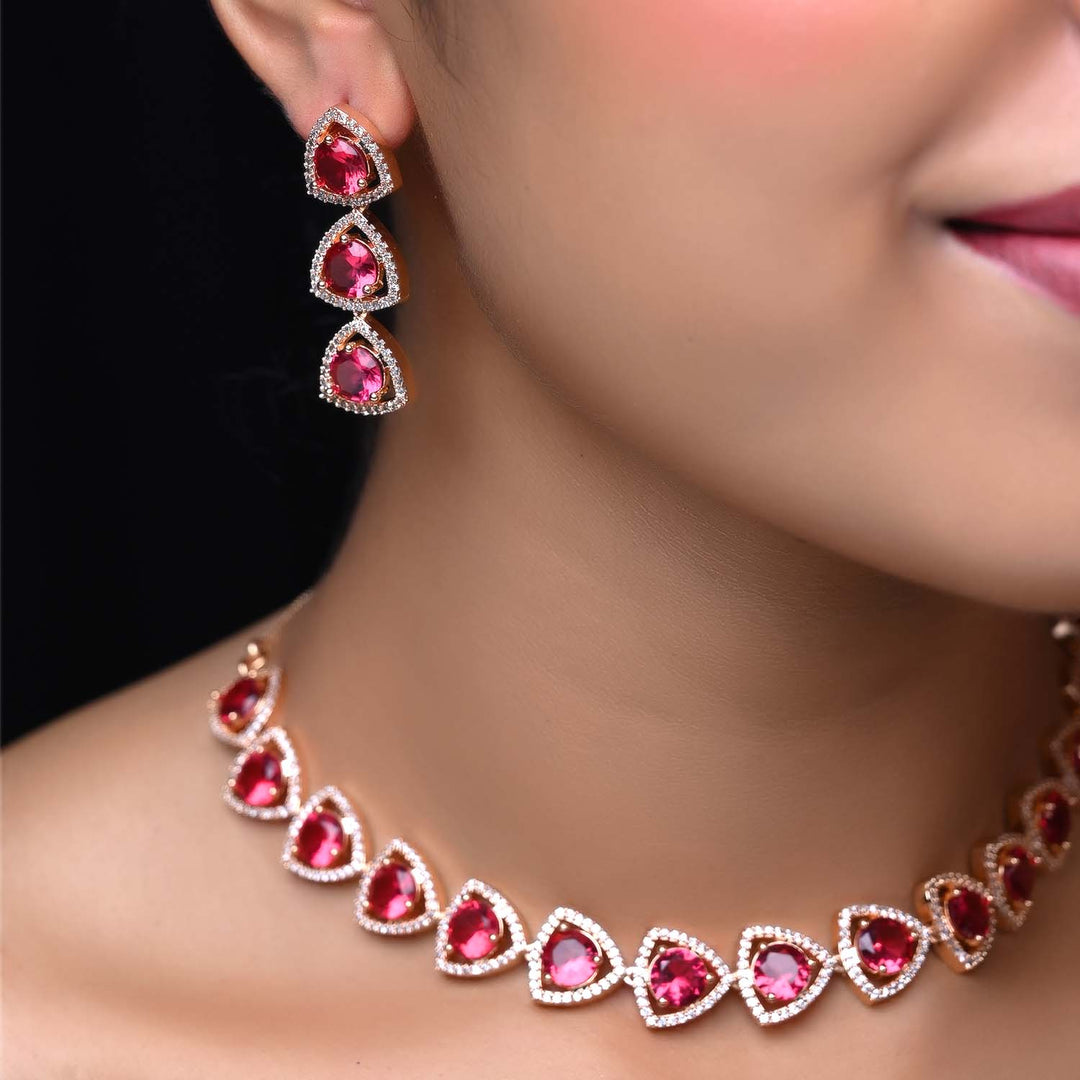 Suraiya Rose Gold Plated Semiprecious Rose Pink Stone American Diamond set