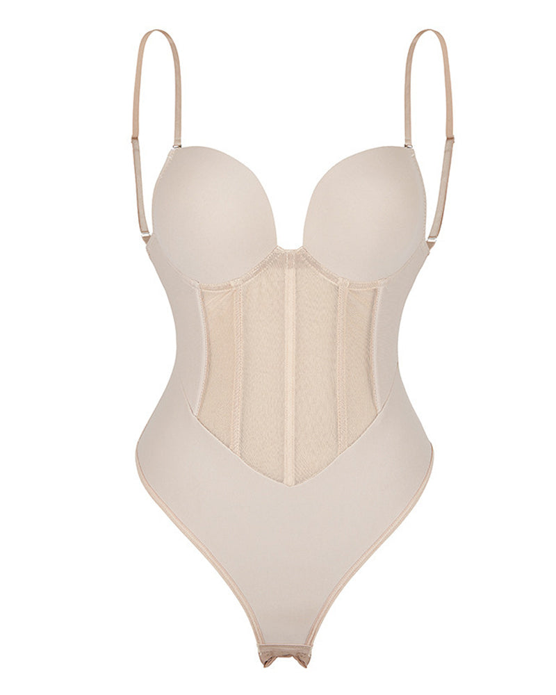 Sexy Mesh Shapewear Corset Backless Thong Bodysuit With Built-in Bra  - By Qivii
