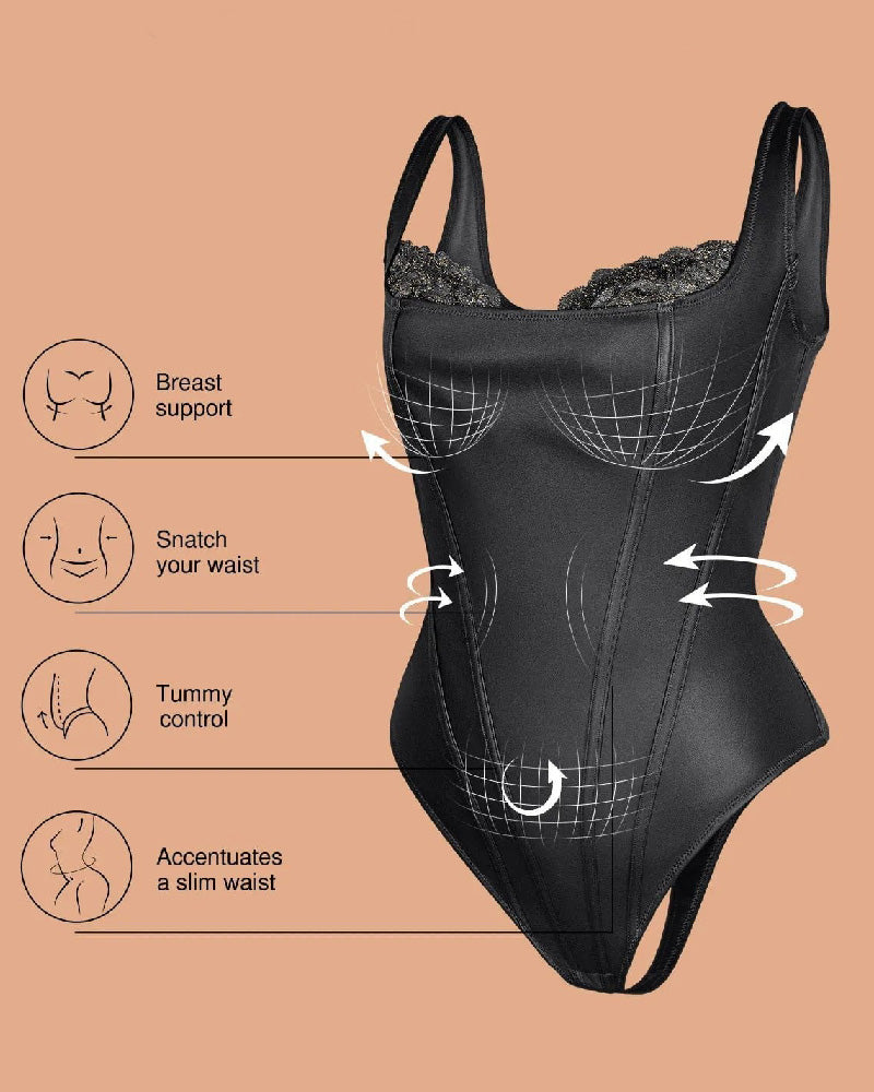Shapshe® Shapewear Leather Lace Balconette Thong Sculpting Bodysuit  - By Qivii