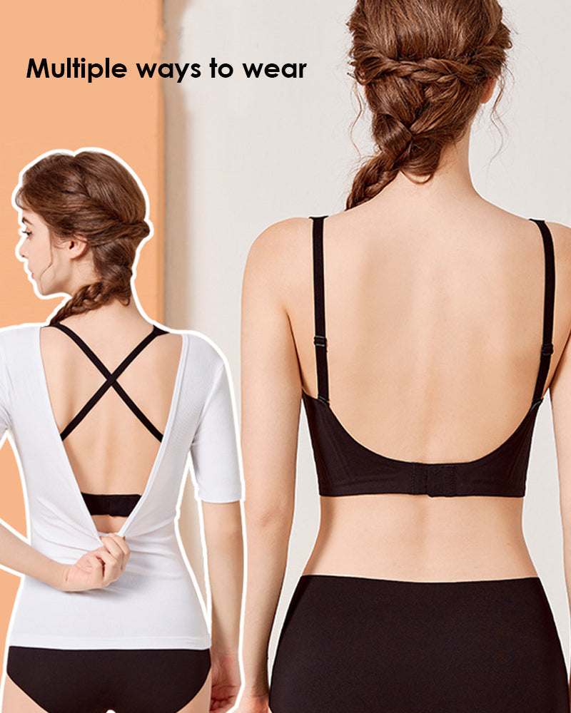 Women's Seamless Low Back Wireless Deep U Shaped Backless Comfort Minimizer Bra  - By Qivii
