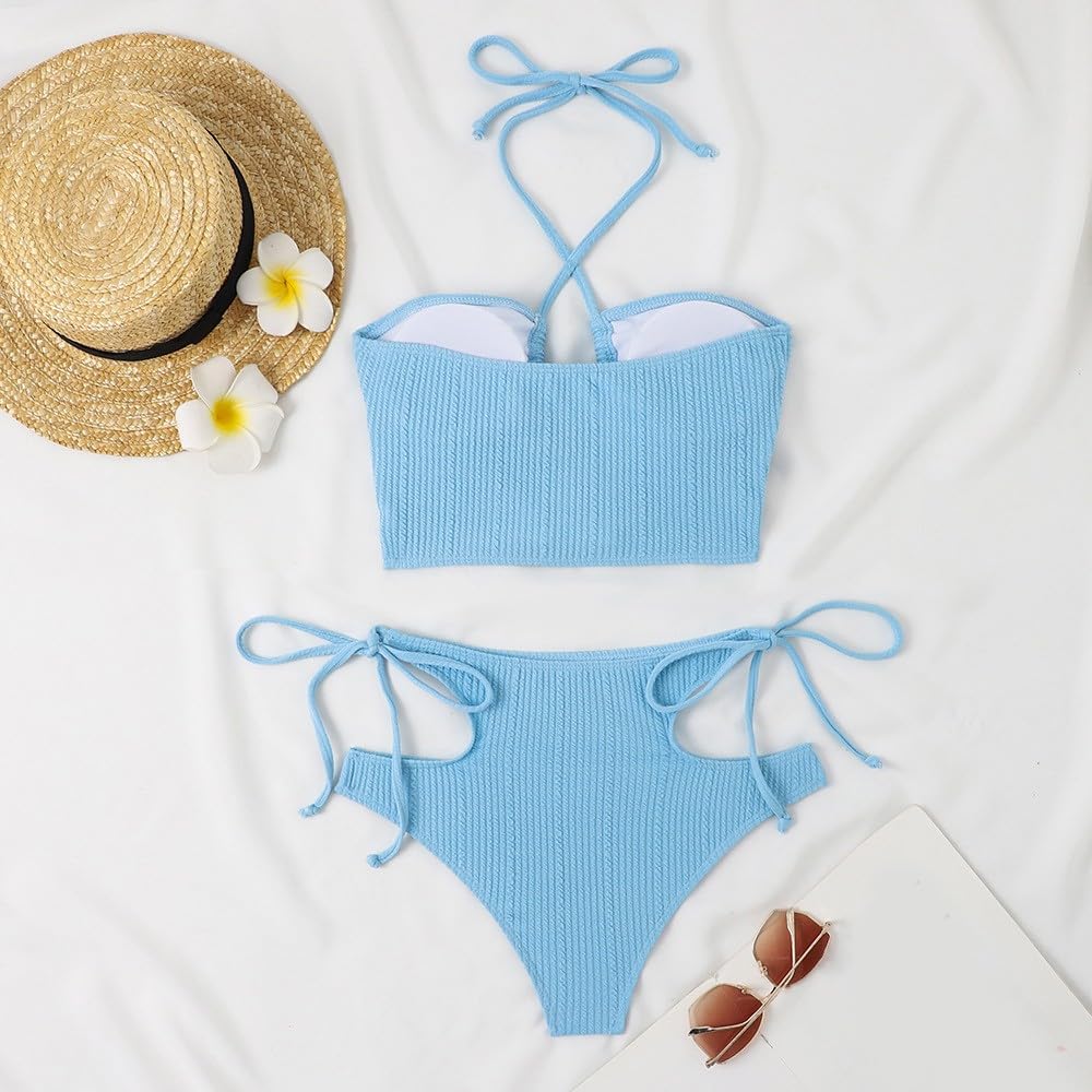 Crisscross Halter Cutout High Waist Side Tie Two Piece Bikini  - By Qivii