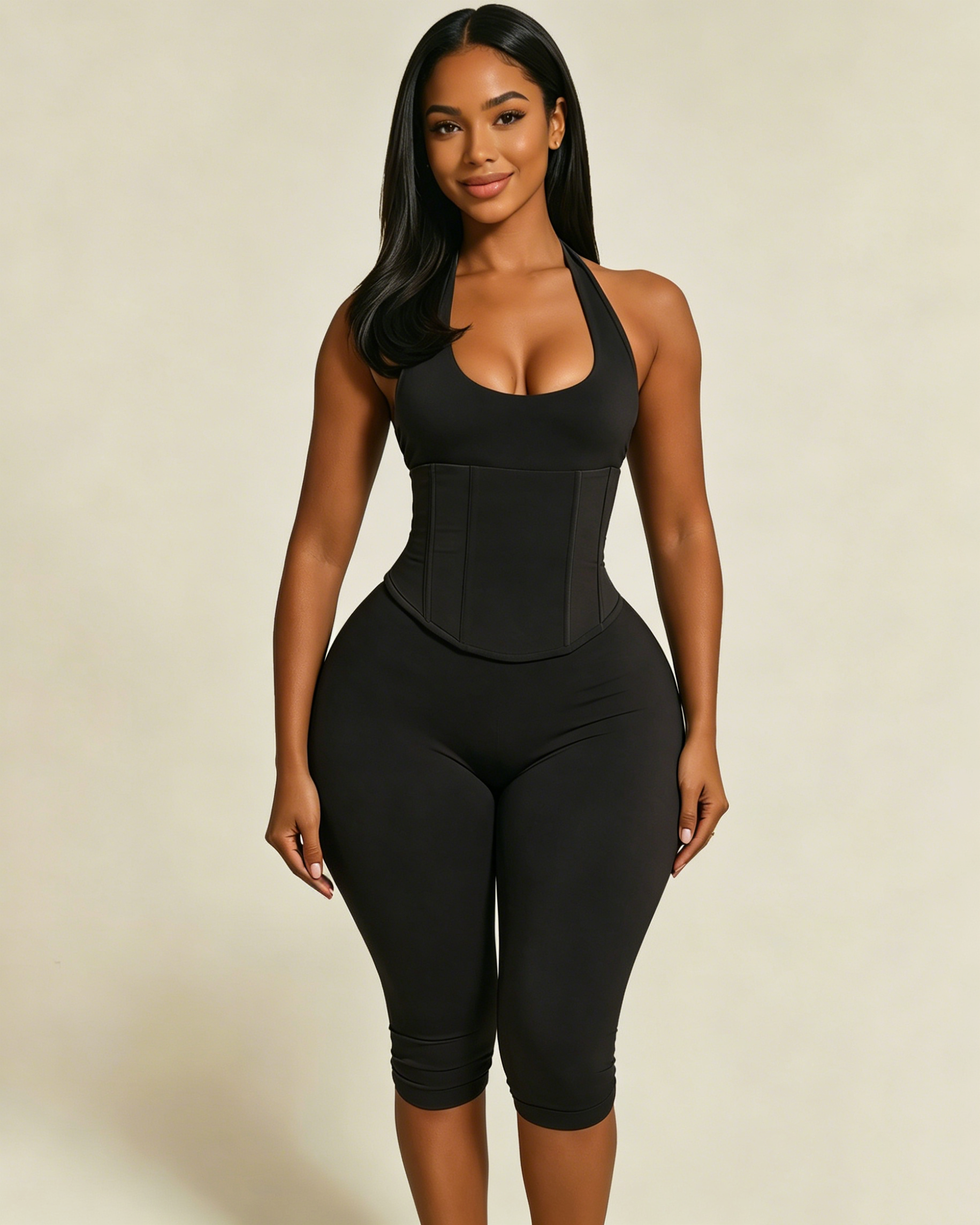 Hourglass Figure The Corset Body Shaper Waist Cincher Capri Jumpsuit Two-Piece Set  - By Qivii