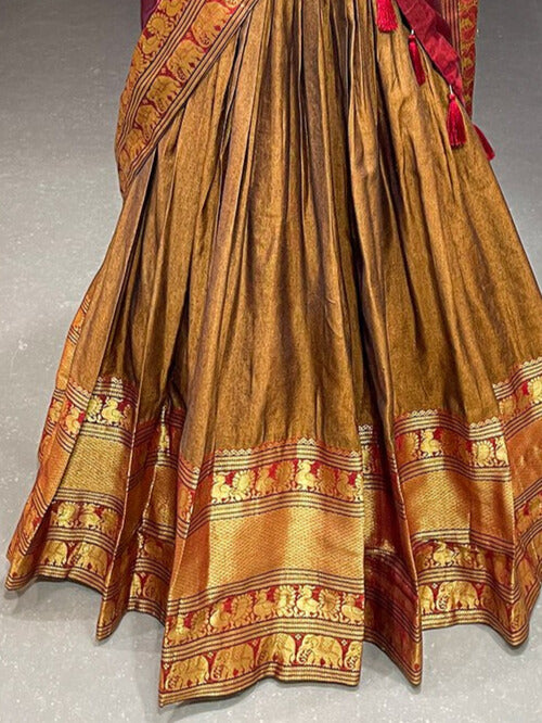 Narayan Pet Cotton Zari Weaving Work Lehenga Choli In Mustard Color