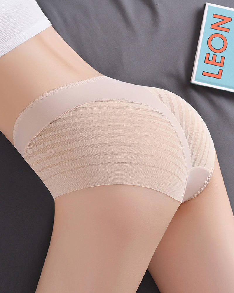 Women's Sexy Seamless Hollow Stripe Mesh Underwear Mid Waist Thong Shaping Briefs  - By Qivii