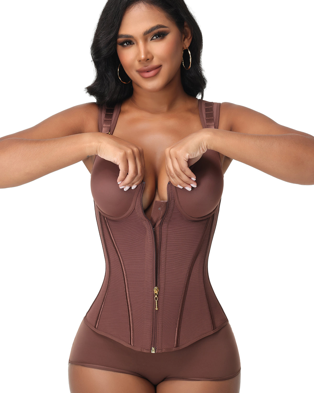 V Neck Underwire Cup Wide Adjustable Strap Zipper Waist Trainer Shaping Vest