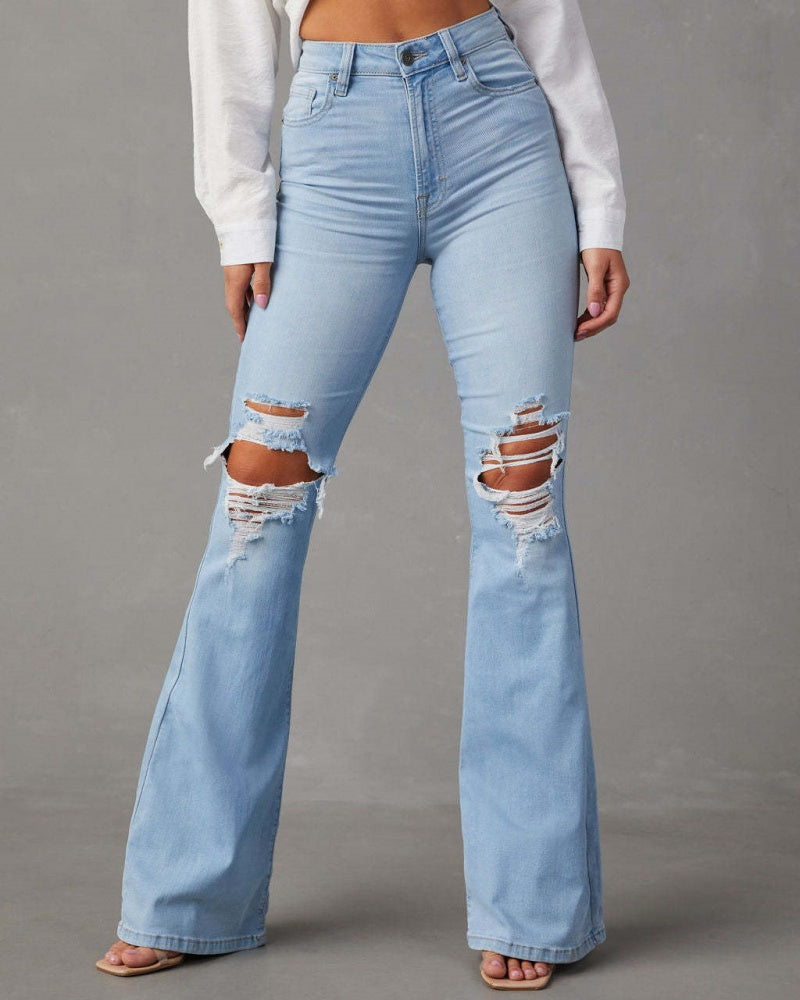High Waist Ripped Jeans Women Street Style Flared Pants  - By Qivii