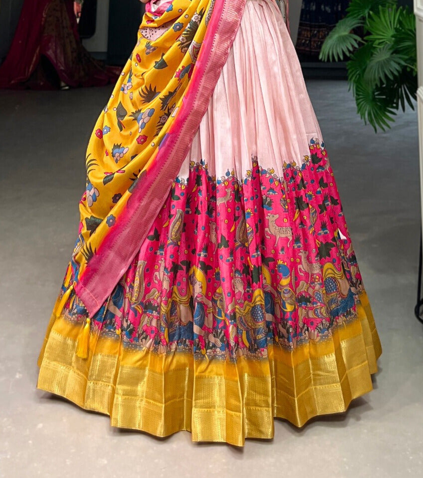 Kalamkari Print Dola Silk Lehenga with a Weaving Border in Pink Color