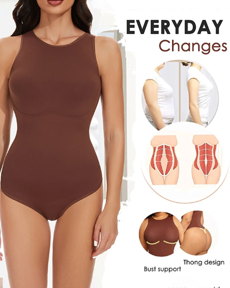 Seamless Racerback Top Tummy Control Crew Neck Bodysuit  - By Qivii