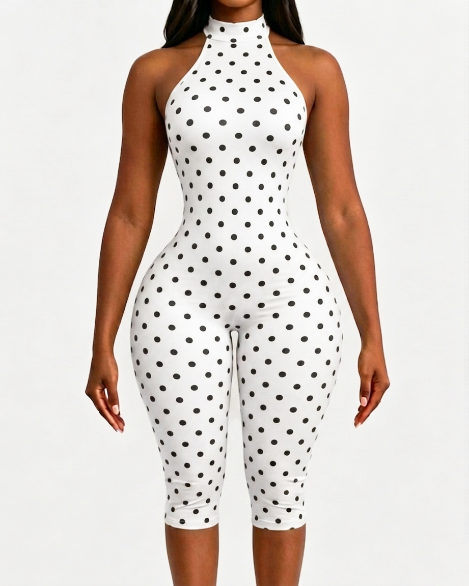 Polka Dot Halter Neck Backless Slim-Fit Stretch Capri Jumpsuit  - By Qivii