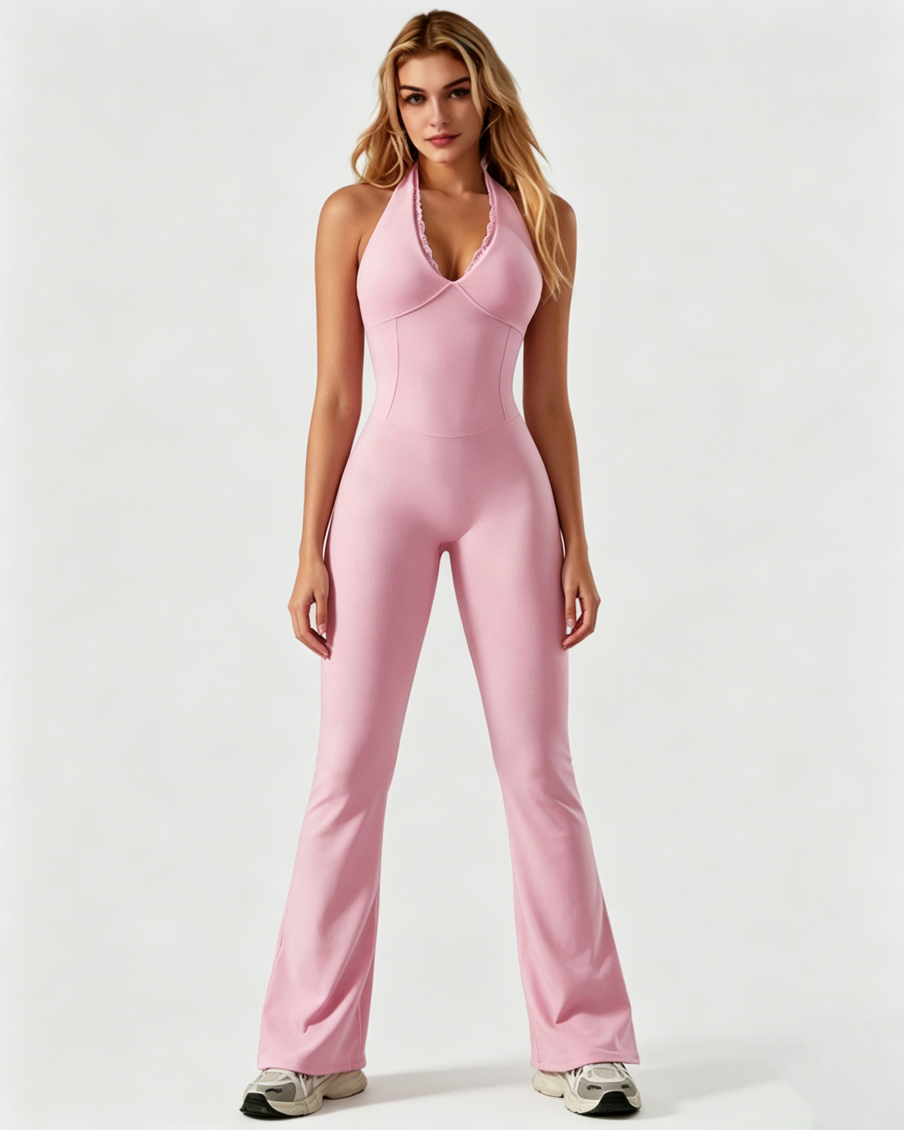 V-neck Lace-trimmed Halter Neck Yoga Sports Fitted Jumpsuit  - By Qivii