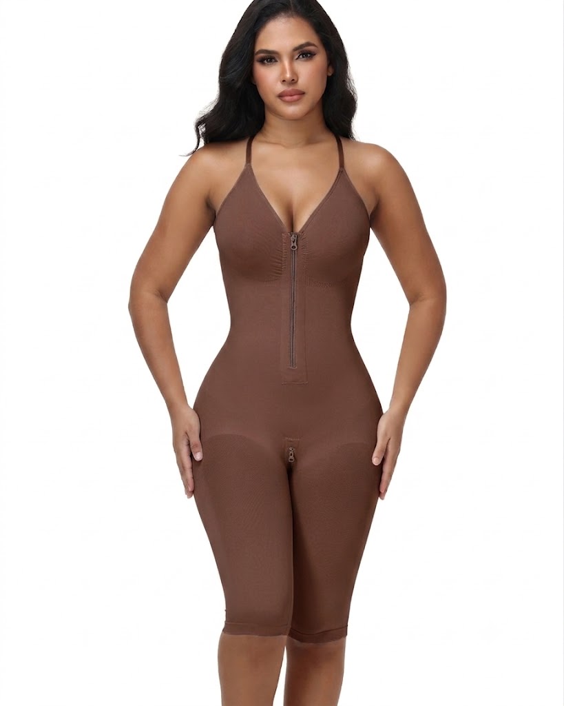V Neck Front Zip Crisscross Back Knee Length Tummy Contro Bodysuit Butt Lifting Shaper
