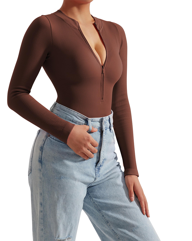 Zipper Front Long Sleeve Sexy Ribbed Triangle Bodysuit  - By Qivii