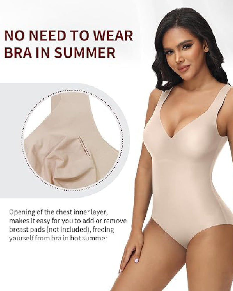 Shapshe® Women's Tummy Control Seamless Ice Silk Summer Bodysuit Compression V Neck Body Shaper  - By Qivii