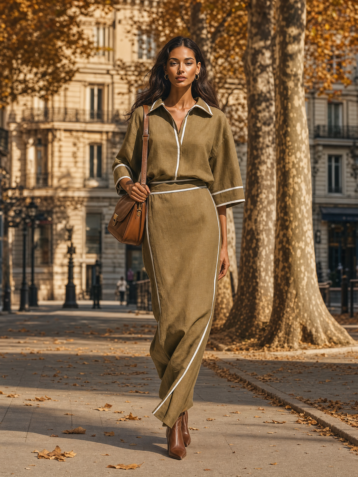 Women's Contrast Piping Linen Blend Collared Top and Skirt Set MDZ1330H7YZJ
