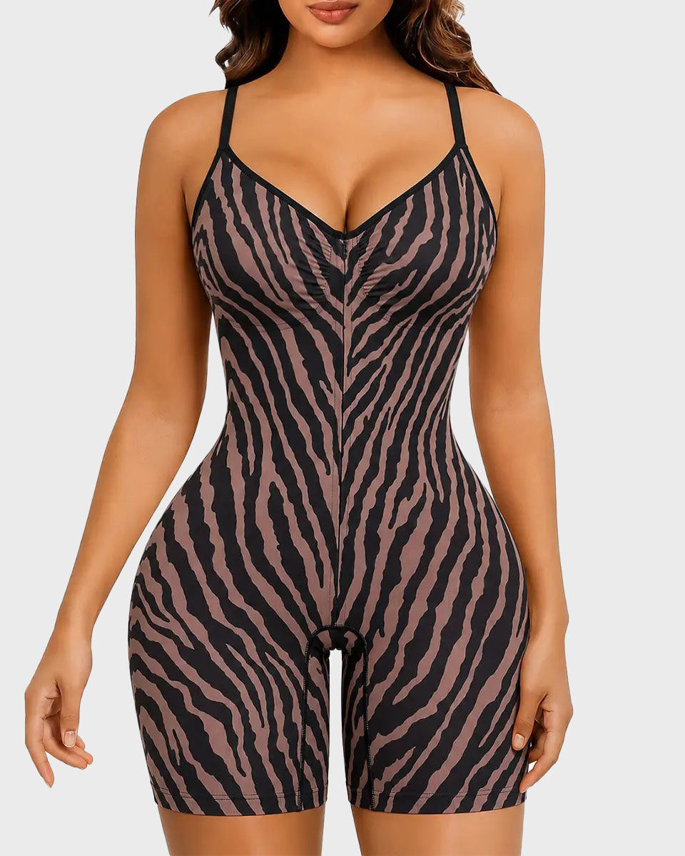 High Compression Zebra Print Front Zip Adjustable Strap Tummy Control Butt Lifting Bodysuit Shapewear
