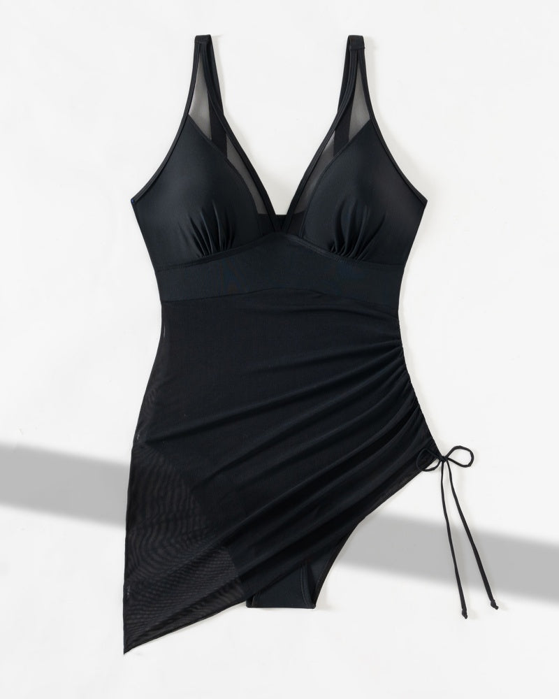 Deep V Mesh Drawstring Slim Sexy Backless Shapewear Swimsuit  - By Qivii