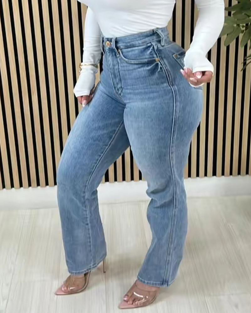 Stylish Washed High Rise Tummy Control Flared Jeans  - By Qivii
