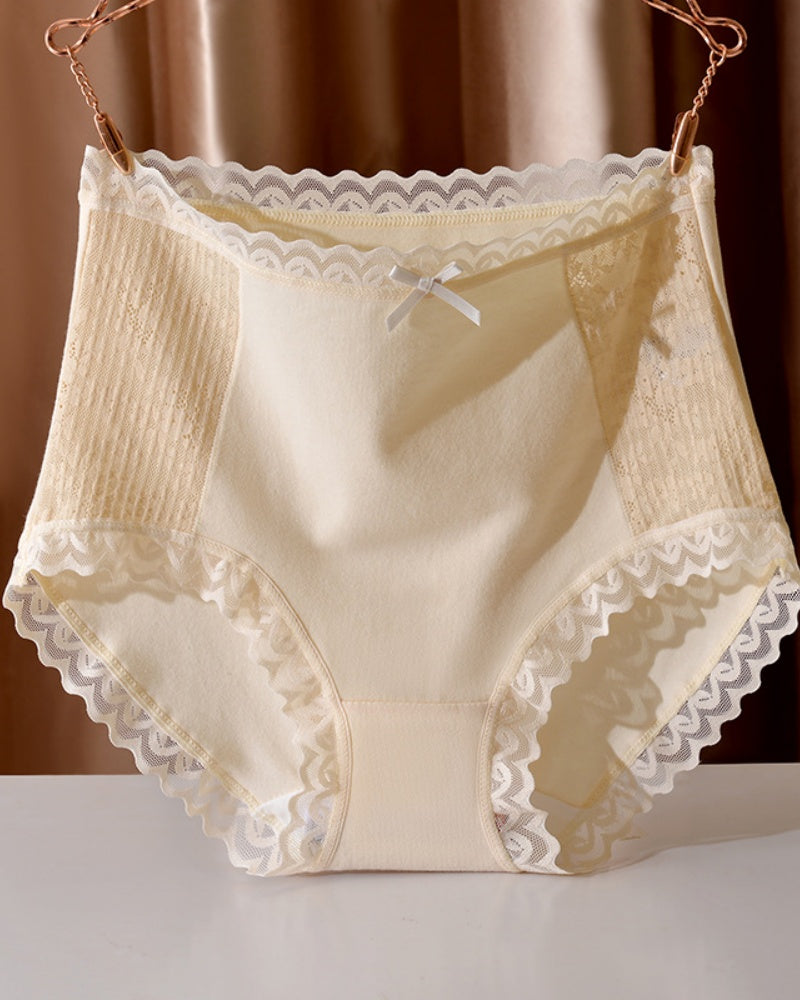 High Waisted Comfortable Cotton Breathable Panties With Lace Trim  - By Qivii
