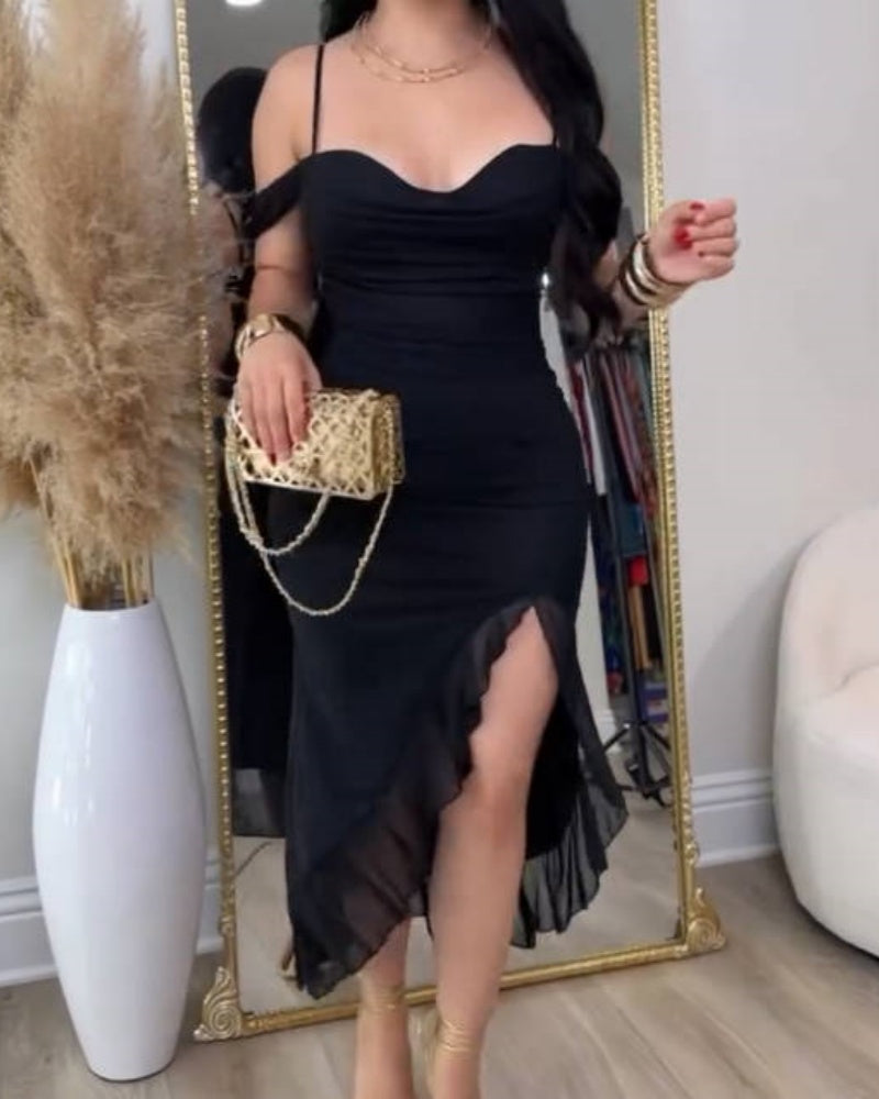 Glamorous Off Shoulder Dress with Ruffled Asymmetrical Slit  - By Qivii