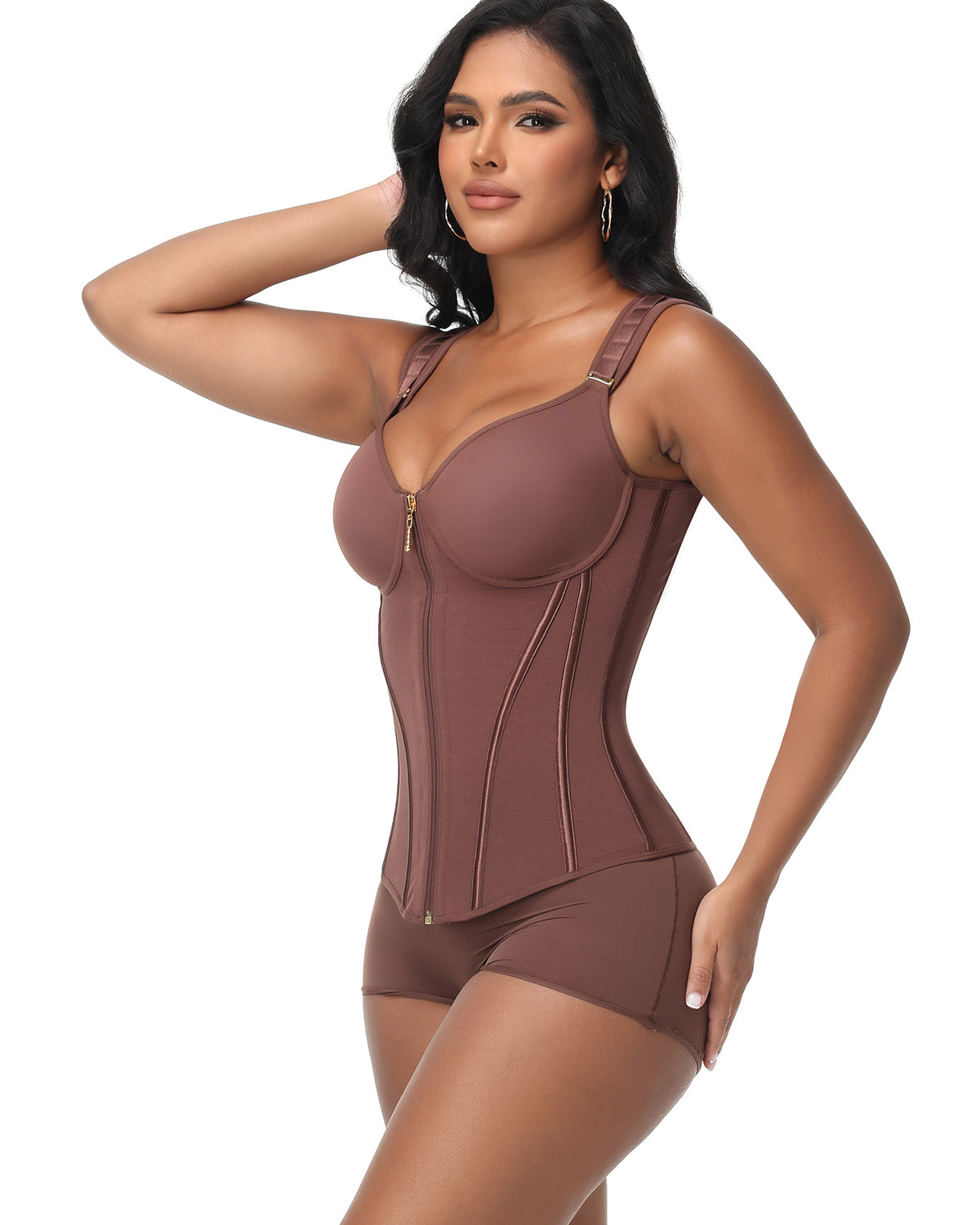 V Neck Underwire Cup Wide Adjustable Strap Zipper Waist Trainer Shaping Vest