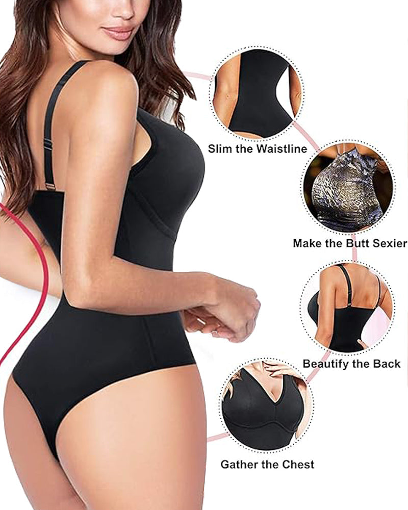 Tummy Control Slim Body Shaper Deep V-Neck Thong Bodysuits  - By Qivii