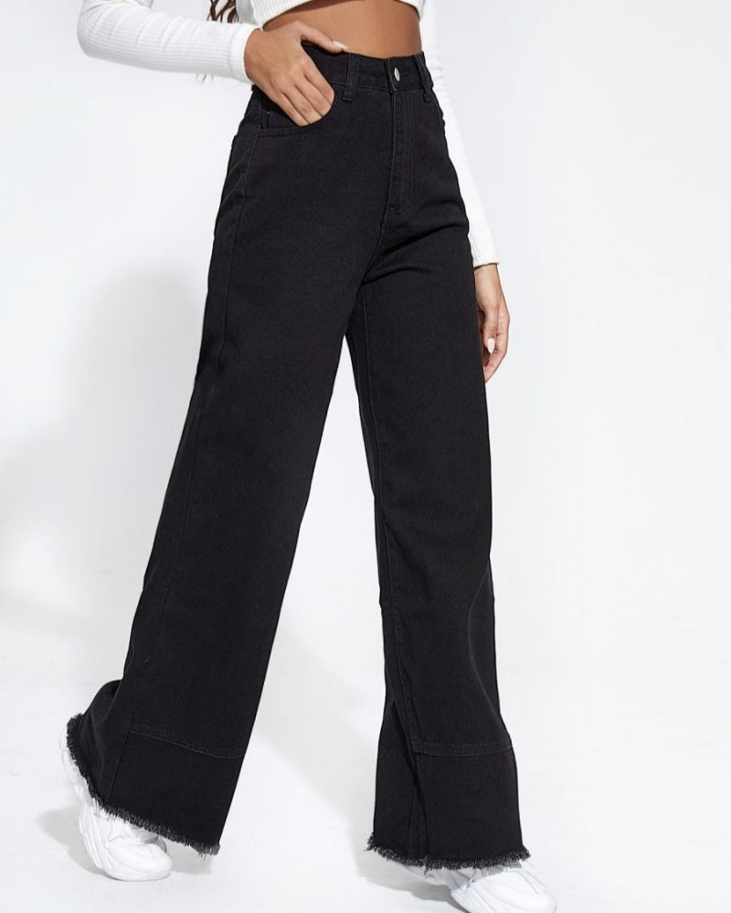 Wide-leg Jeans High Waist Patchwork Raw Edge Loose Trousers  - By Qivii