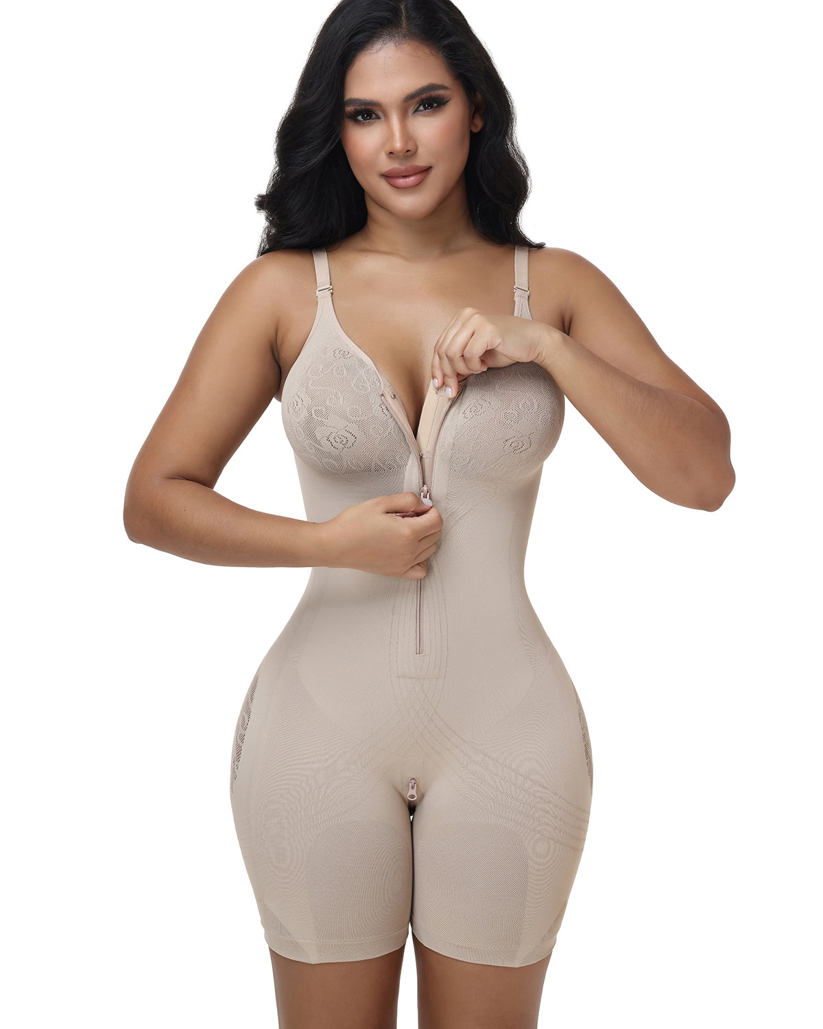 High Compression Adjustable Strap Mid Thigh Front Zipper Lace Full BodyShapewear
