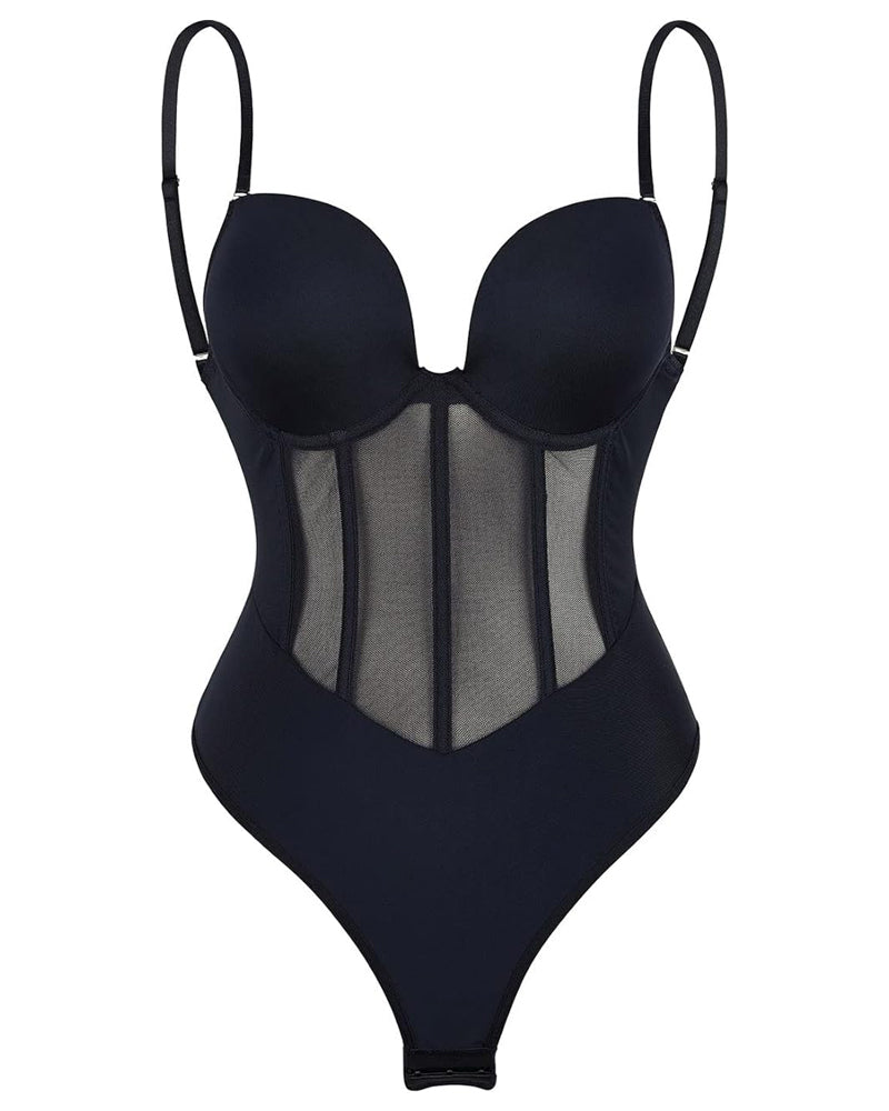 Sexy Mesh Shapewear Corset Backless Thong Bodysuit With Built-in Bra  - By Qivii