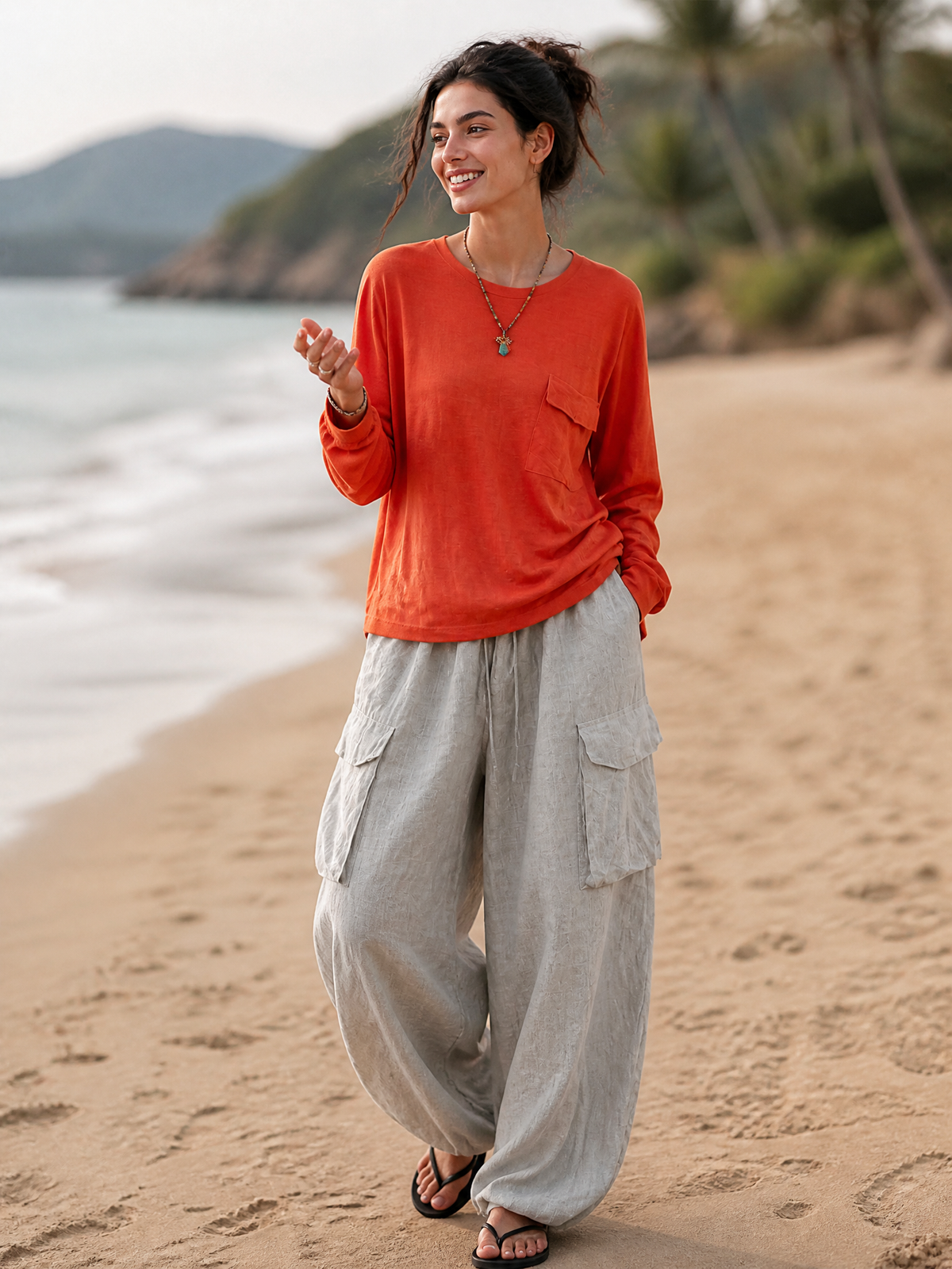 Women's Casual Crew Neck T-shirt And Cargo Pants Set MDZ1093H8GMJ