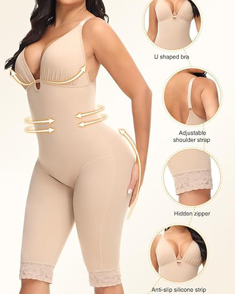 U Plunge Tummy Control Mid Thigh Bodysuit Seamless Full Body Fajas Shapewear  - By Qivii