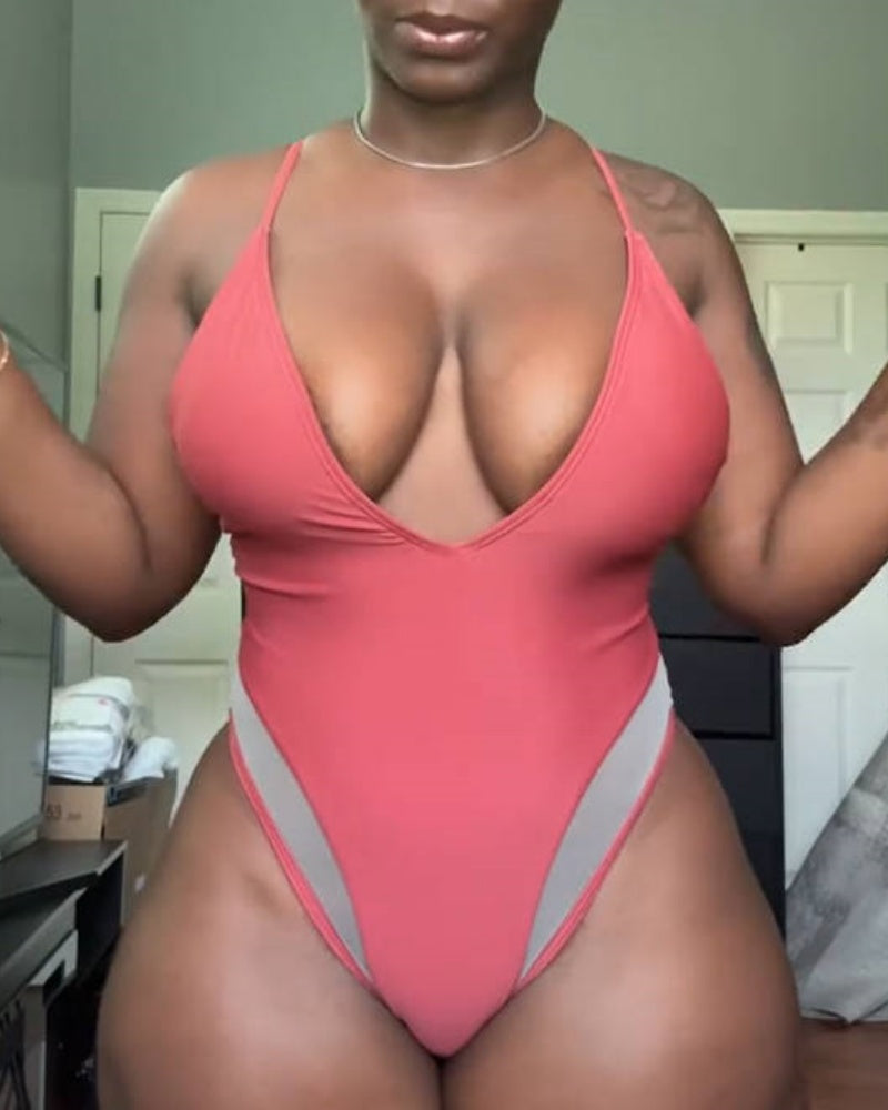 Sexy Mesh Splicing Spaghetti Strap Deep V Neck Shapewear Swimsuit  - By Qivii