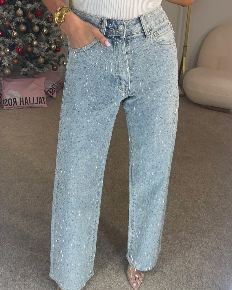 Women's Fashion Rhinestone Embellished Straight Leg Denim Jeans  - By Qivii