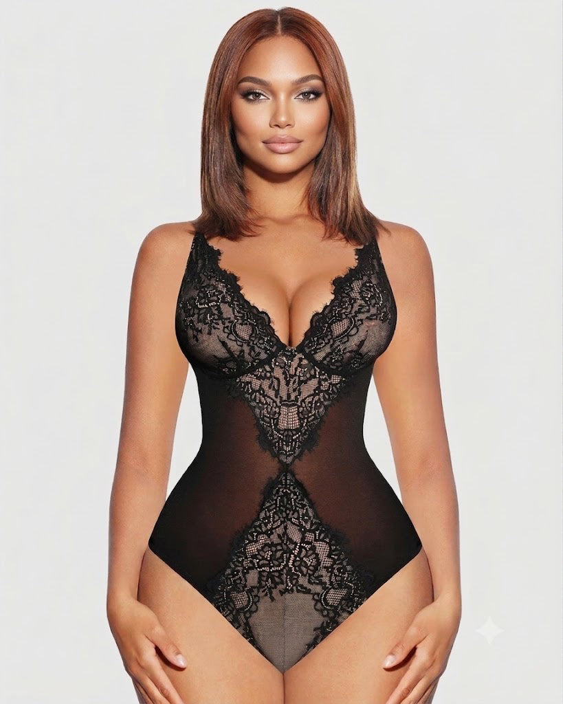 V Neck Tummy Control Low Back Thong Bodysuit  - By Qivii