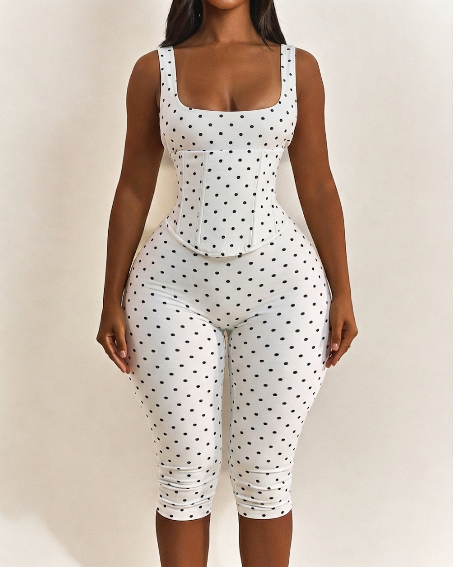 Polka Dot Square Neck Capri Jumpsuit with Hourglass Detachable Corset Two-Piece Set  - By Qivii
