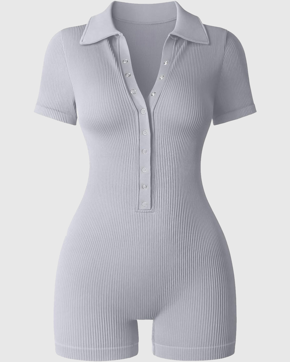 Ribbed Polo Collar Half Snap Front Short Sleeve Bodycon Romper  - By Qivii