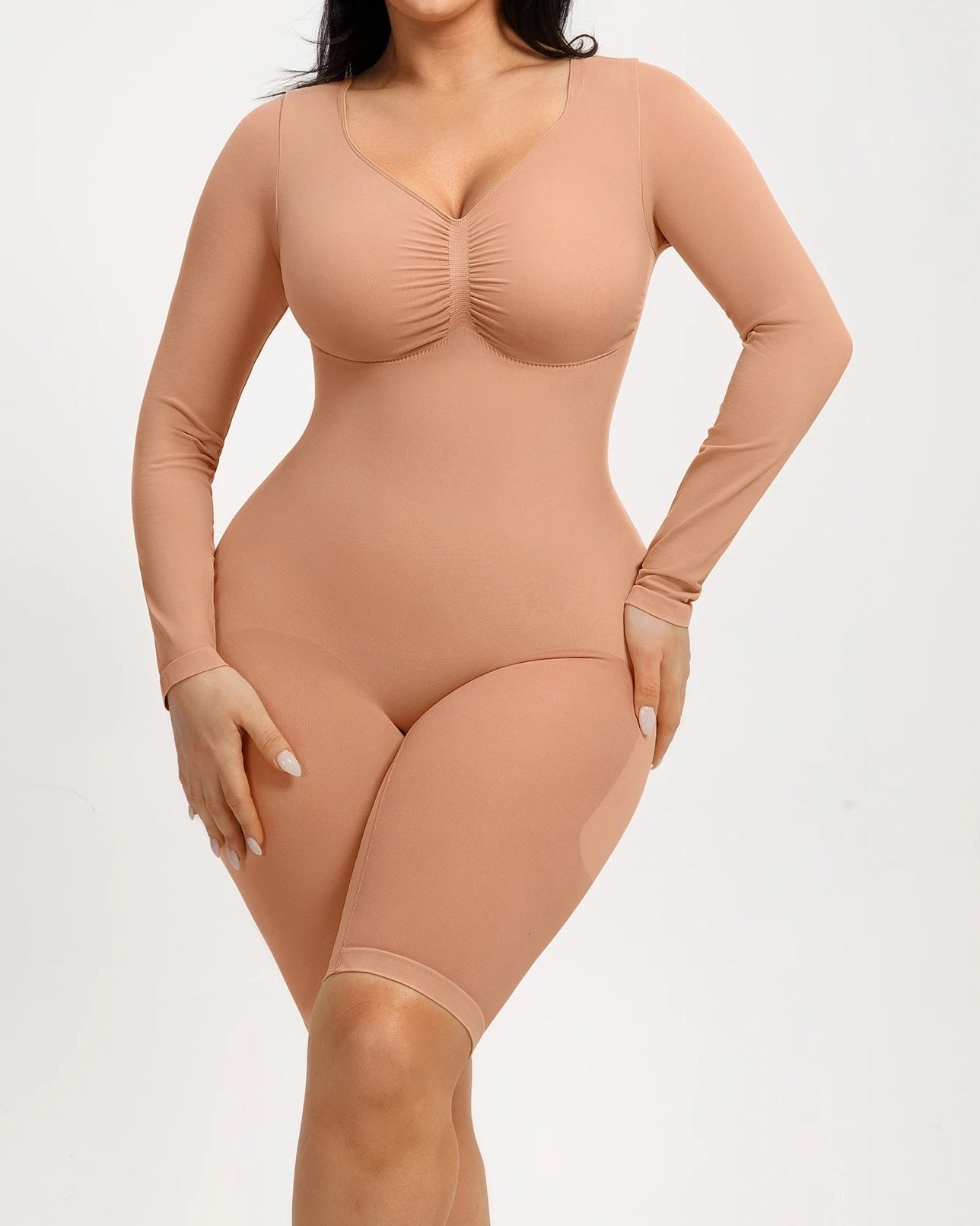 Seamless Mid-level Compression Tummy Control Long Sleeve Bodysuit  - By Qivii
