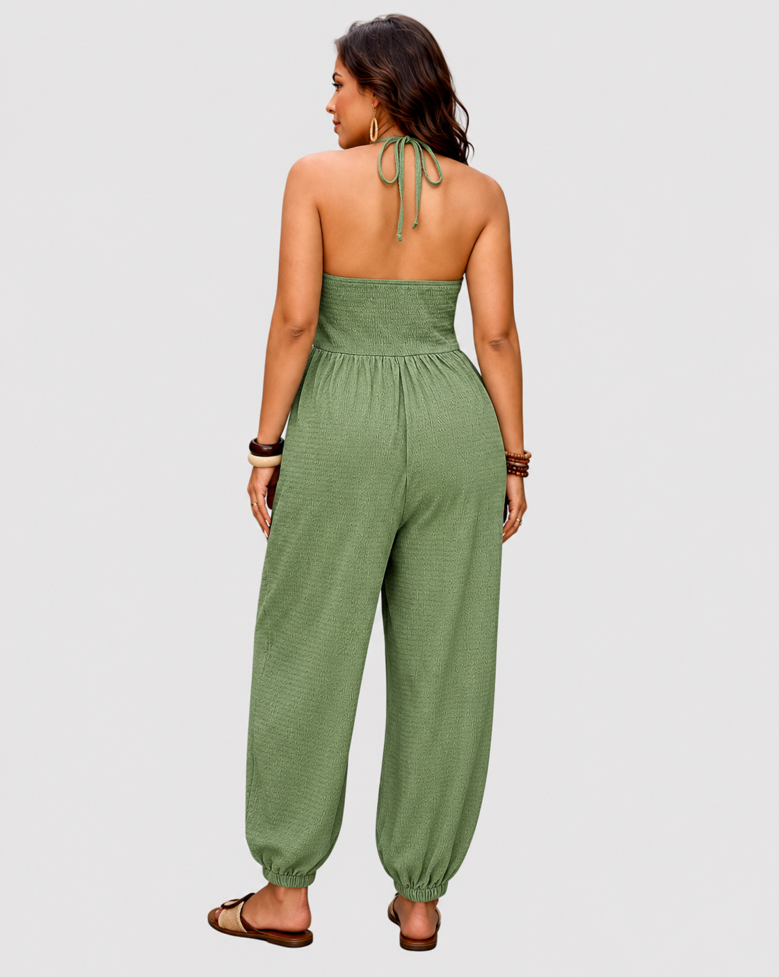 Halter Backless Ruched Pocket Jogger Jumpsuit  - By Qivii